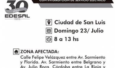 Ciudad de San Luis: corte programado de luz este domingo