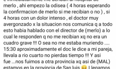 Sigue el caos en Salud.En Tilisarao-Merlo sino estás por morirte no te atienden. La paciente terminó en Río Cuarto .La gente ya se anima a contarlo.