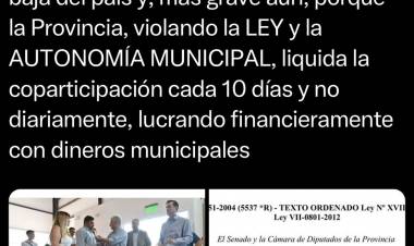 Piri"Poggi paga la Coparticipación más baja del país y cada 10 días, no diariamente . Lucra con esos fondos. Otra denuncia que le saca la careta al Gobernador.Se quedan con 28 días de intereses de los Municipios 