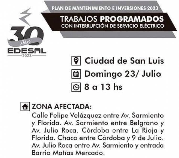 Ciudad de San Luis: corte programado de luz este domingo