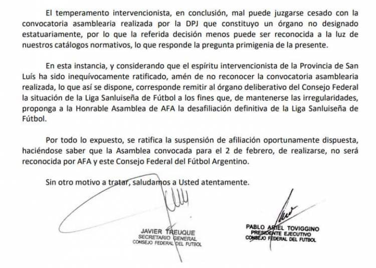 La AFA ratificó la desafiliación de la Liga Sanluiseña.El espíritu intervencionista no cesa, no reconocen  la Asamblea  para nuevas autoridades.Eñ chiste del poggismo que cree que puede engañar la AFA.Si el 2 no devuelven el Club a las autoridades, habrá desafiliación definitiva Rivero otra vez en la cuerda floja 
