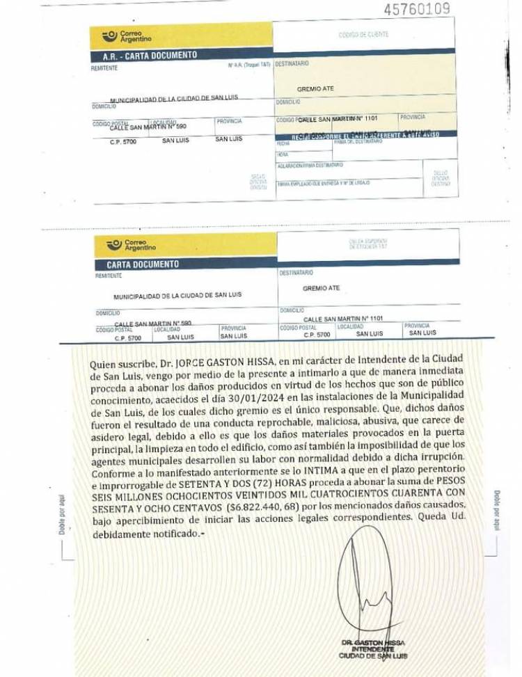 Hissa intimó a ATE a pagar una  cerradura falsiada  de una puerta . 6 millones dice vale. Del ridículo no se vuelve. Impedimento de actividad gremial extorsiva. El daño de echar 200 personas no va a amedrentar a ATE 
