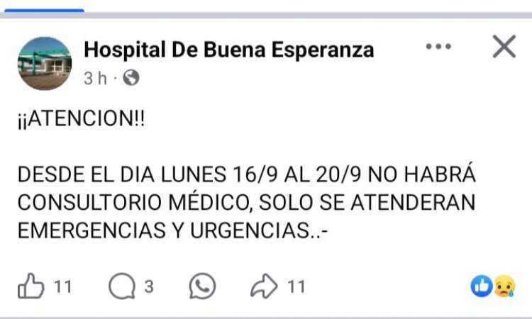 Buena Esperanza sin médicos. Renunciaron todos por falta de pago.Es el principal.Hospital del Sur