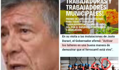 Daract: mientras Domínguez otorgaba un bono de 100 mil, Poggi fue al taller ferroviario que funcionaba  a decir que lo reabrirá. Realidades contra simulación de éxitos.