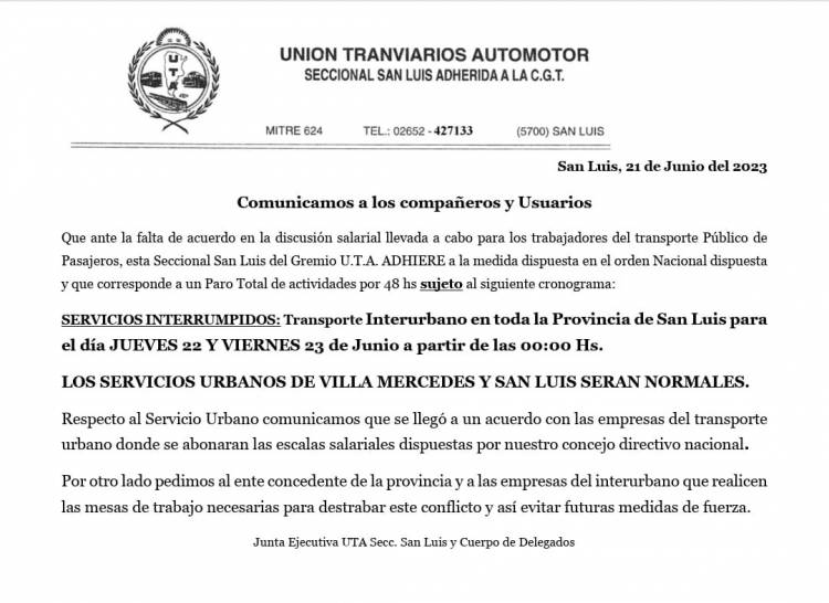 PARO DE TRANSPORTE INTERURBANO POR 48 HORAS 