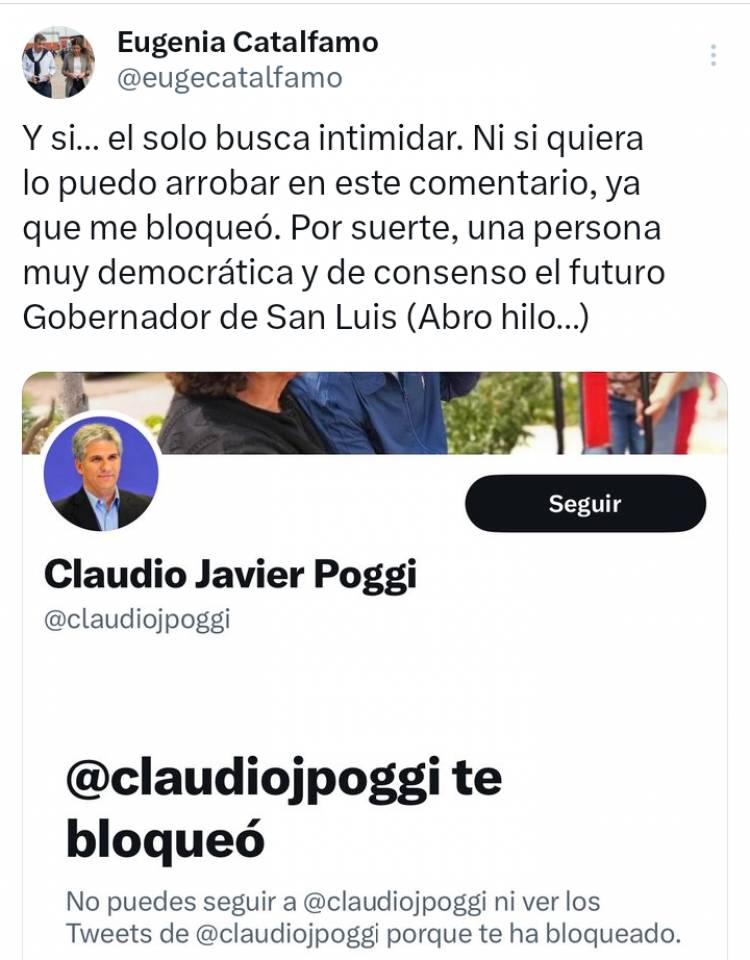 Poggi bloqueó a Catalfamo porque no le gusta que le digan nada. Un Demócratico de su verdad . Raro ejercicio de la Libertad que pregonan.