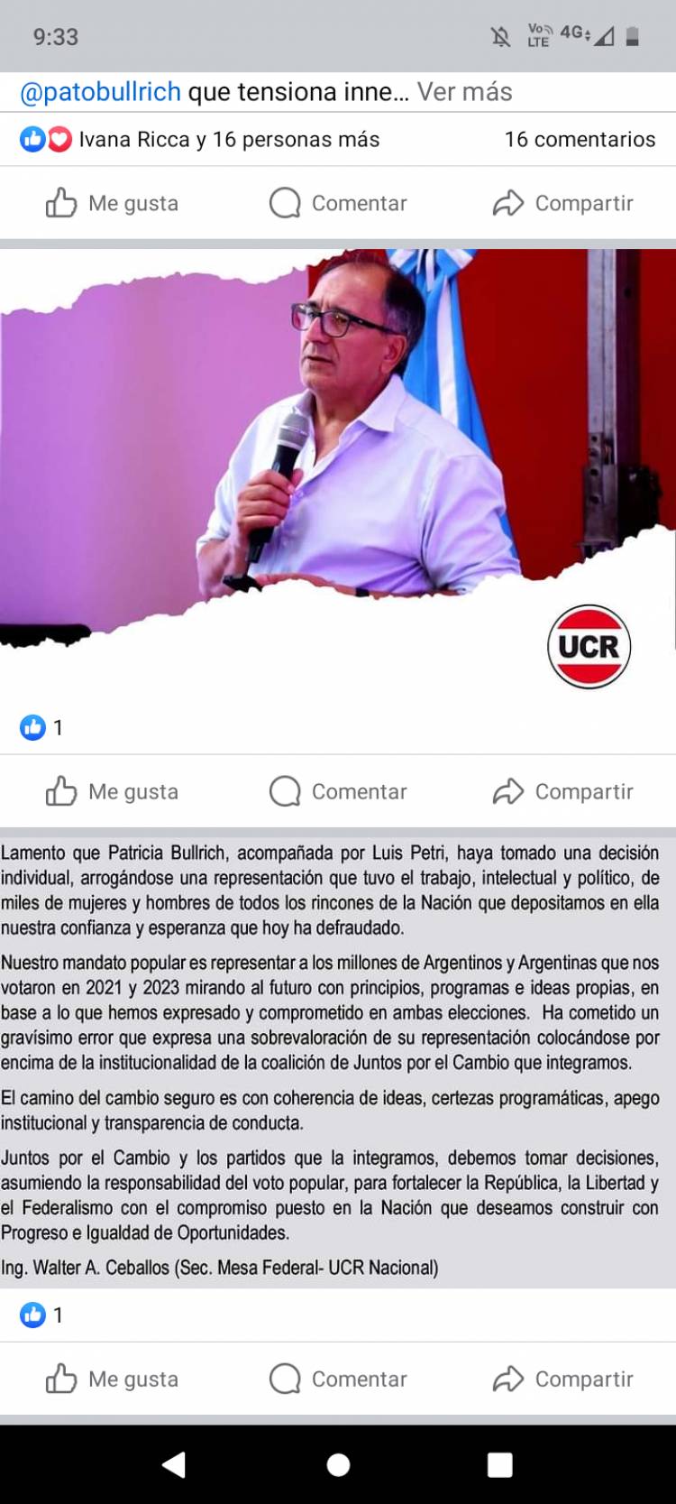 Ceballos abandonó a Bullrrich.Dura carta del ex delfín de Pato en San Luis .Se ARROGO una representación que no tiene y es incoherente.