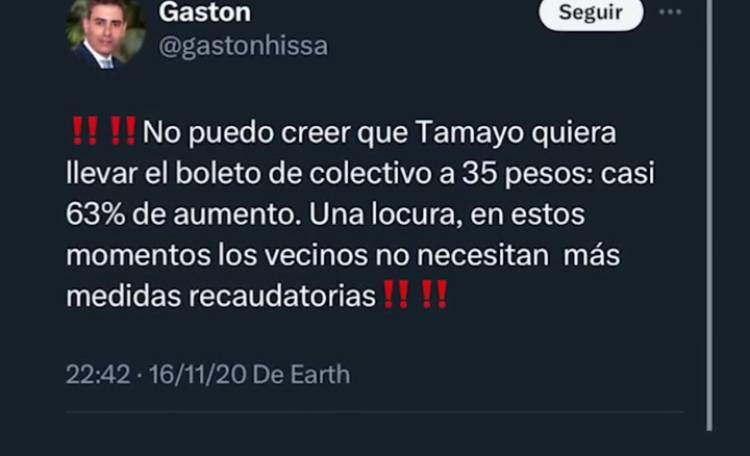 Hissa echó a 200 sin causa y pretende que nadie proteste.Es el mismo.Hissa que convocaba a destituir a Tamayo y decía que el boleto a 35 era locura y lo subió a 250.Russo los dejó callados 
