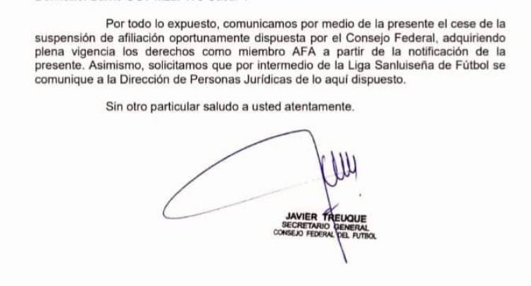 El Consejo Federal levantó la suspensión de la Liga Sanluiseña de Fútbol 