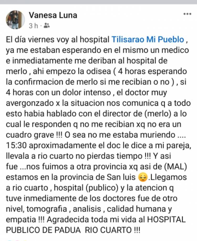 Sigue el caos en Salud.En Tilisarao-Merlo sino estás por morirte no te atienden. La paciente terminó en Río Cuarto .La gente ya se anima a contarlo.