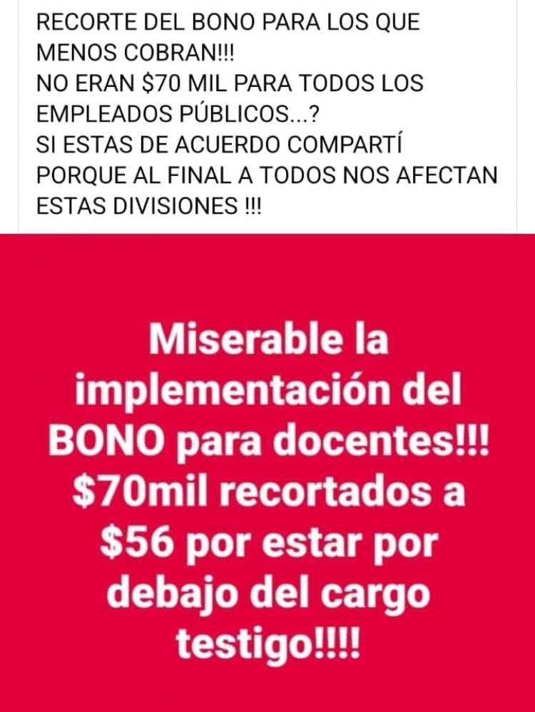 Denuncian que hay recortes en el Bono Provincial .Miserabilidad total 