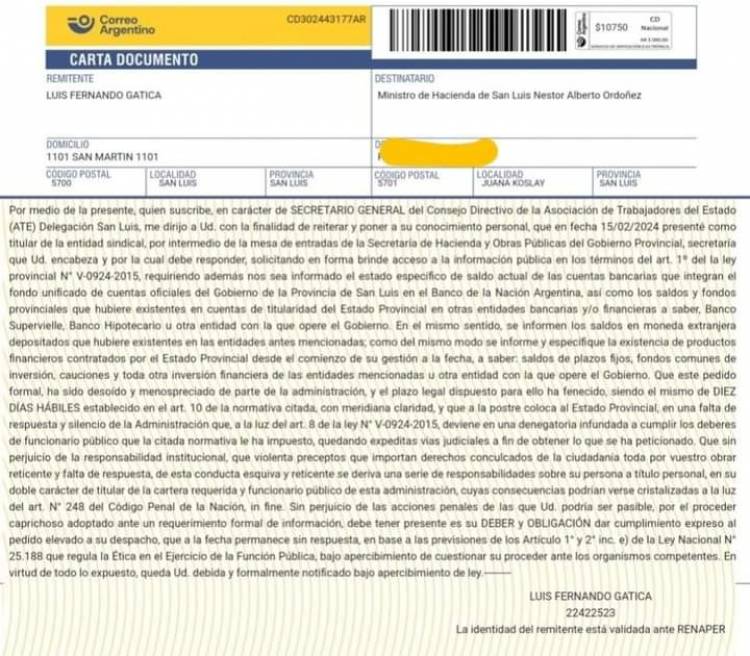 ATE irá a la Justicia porque Poggi Ordóñez, no quieren mostrar el Estado de la Provincia Última Carta Documento 