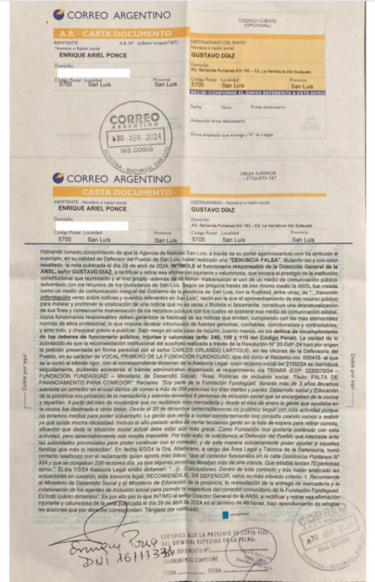 Ponce intimó a la Agencia de Noticias por una fake news.Al final no entregaban los alimentos a un comedor 