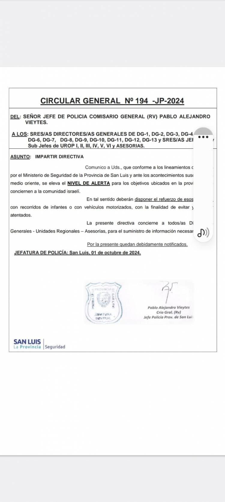 Increíble "Vieytes, Sosa y POGGI y una circular por un posible ataque  a Israel en San Luis. Circular ridícula , dicen más de 50 Policías que la enviaron.Una burla en el peor momento de la Policía.