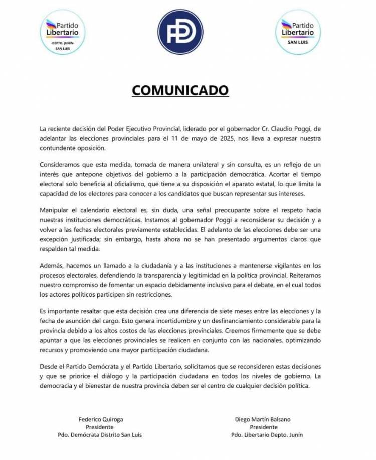 El Partido de MILEI y el PD, le piden a Poggi que revoque el llamado a elecciones del 11 de mayo. Es infundada ,solo para especulación electoral 