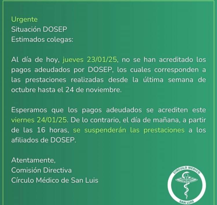 Si no paga el Gobierno hoy, él Círculo Médico corta a DOSEP. Desde noviembre que no pagan .