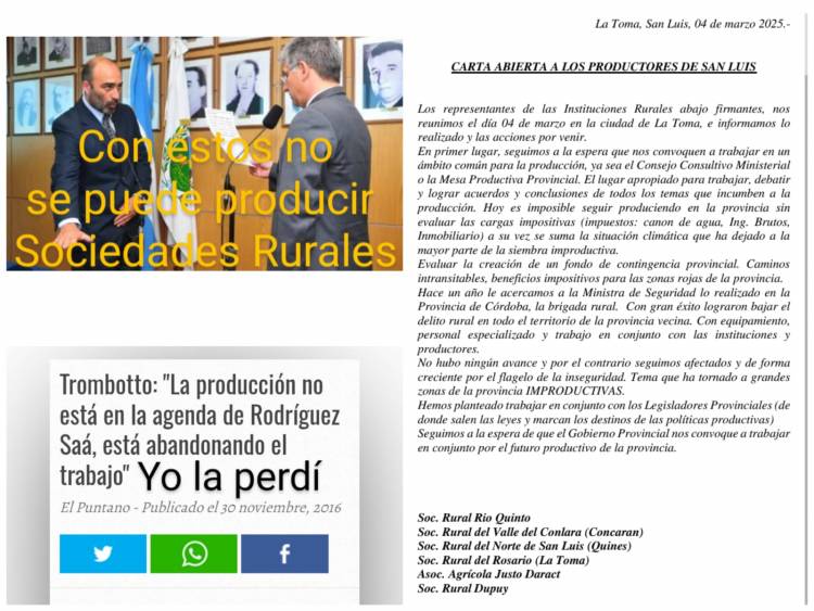 Todo el campo de San.Luis, dice que no es posible producir por impuestazos, inseguridad , caminos intransitables  y cero pelota de Poggi .Trombotto , re ocupado en San Martín repartiendo chupetines .