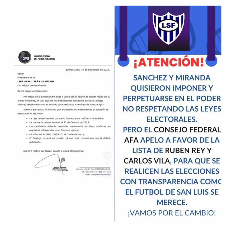 La AFA ordenó hacer una nueva elección en la Liga de Fútbol de San Luis.La Concejal Sánchez se había auto proclamado con él aval de Jurídica. Habrá veedor Nacional él 30 de Octubre 